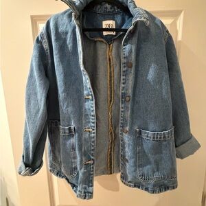 Zara Oversized Blue Denim Jacket with Black Trim